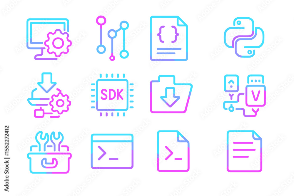 Poster neon tech icons: sdk, python, download, code tools, data flow