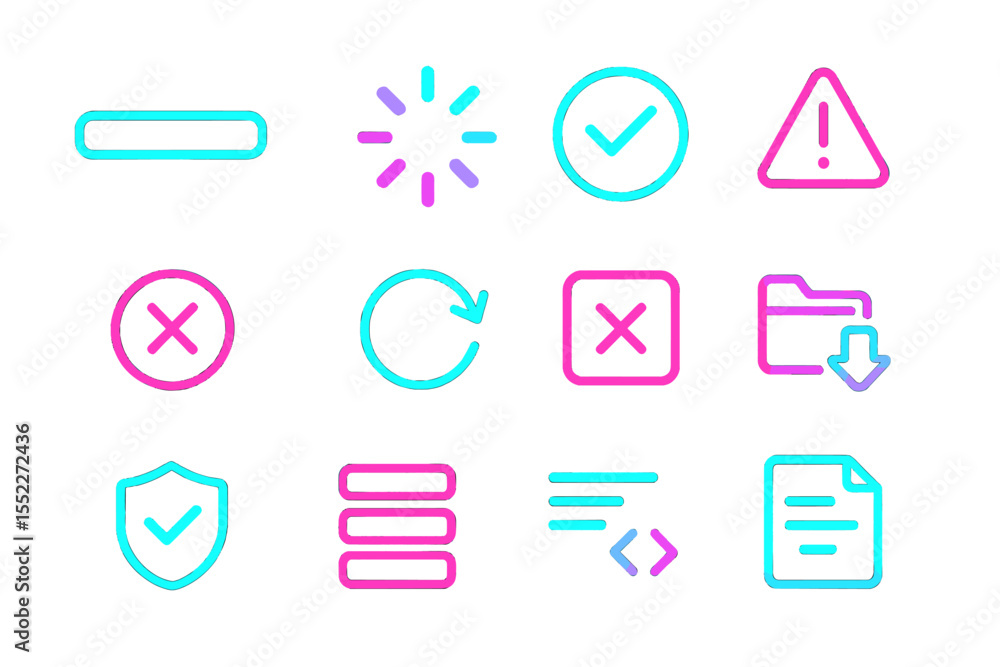 Poster neon glowing icons set for web and ui design in blue and pink