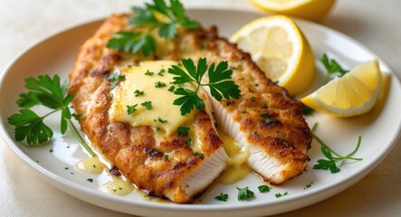Grilled Fish Cutlet and Cheese served with lemon wedges and garnished with parsley.