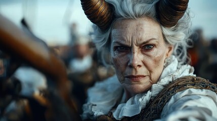 A fierce, determined woman stands with defiance on a pirate ship, showcasing her strength and wisdom amidst the chaos of a high-stakes maritime adventure.