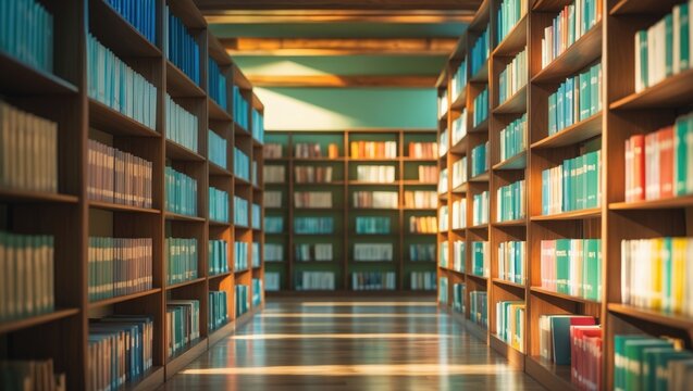 Books on Shelves in the Library, colorful bookshelves in archive and bookshelf interior with empty space for text