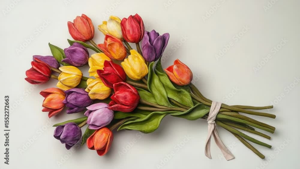 Poster A bundle of colorful tulips tied together with string or ribbon