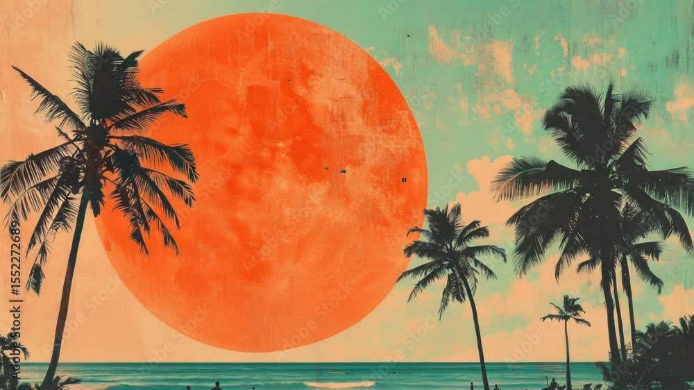 Aufkleber a serene beach scene at night with palm trees swaying in the breeze, illuminated by the bright full 