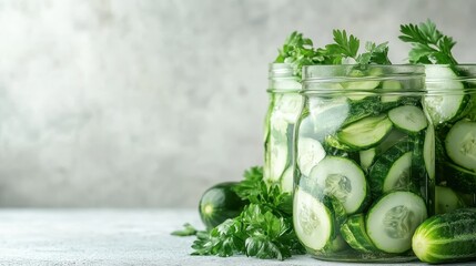 Obraz premium A fresh batch of sliced cucumbers awaits in jars, highlighted by vibrant greens. This image celebrates fresh produce, culinary artistry, and the beauty of food preservation.