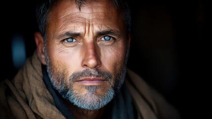 Fototapeta premium This close-up portrait captures a mature man's intense expression, focusing on the intricate details of his weathered skin and piercing blue eyes that convey depth and experience.