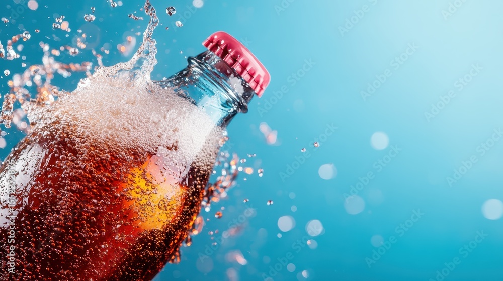 Poster a dynamic image capturing a soda bottle bursting open, with fizzy bubbles erupting and splashing in 