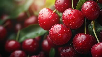 A close-up of fresh cherries covered with glistening droplets of morning dew, symbolizing freshness and vitality, perfect for highlighting nature's beauty in a vibrant and dynamic composition.