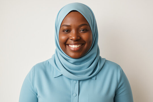 Confident African Woman in Pastel Blue Hijab Smiling – Portrait on White Background - Powered by Adobe