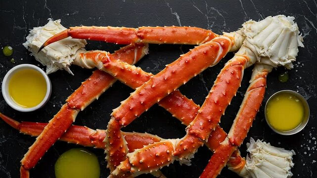 Overhead View of Cooked Crab Legs on a Dark Textured Surface with Butter and Lime