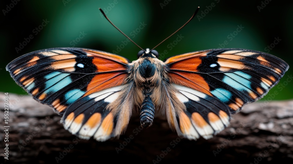 Poster a stunning butterfly with intricate and colorful wing patterns rests on a log, showcasing its vibran