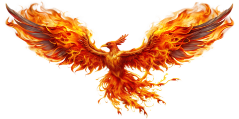 Fiery phoenix bird made of swirling orange and red flames with dark brown wings isolated on a transparent background