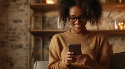 A joyful woman smiles as she engages with her smartphone in a cozy home setting, showcasing the comfort of personal space and the joy of connection in modern life.