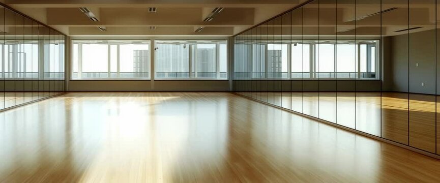 A large room with a lot of windows and a lot of wood. The room is empty and the sunlight is shining through the windows