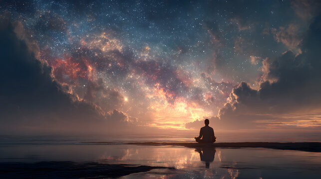 Silhouette of a person meditating filled with a cosmic galaxy. Concept of mindfulness, inner peace, mental health, and spiritual awakening through meditation and self-awareness.