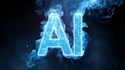 Glowing blue AI letters surrounded by swirling smoke in digital art style, set against a dark background, symbolizing futuristic technology - Powered by Adobe