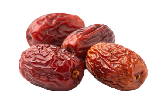 Four wrinkled deep red dried dates with visible texture in a front view arrangement isolated on a transparent background