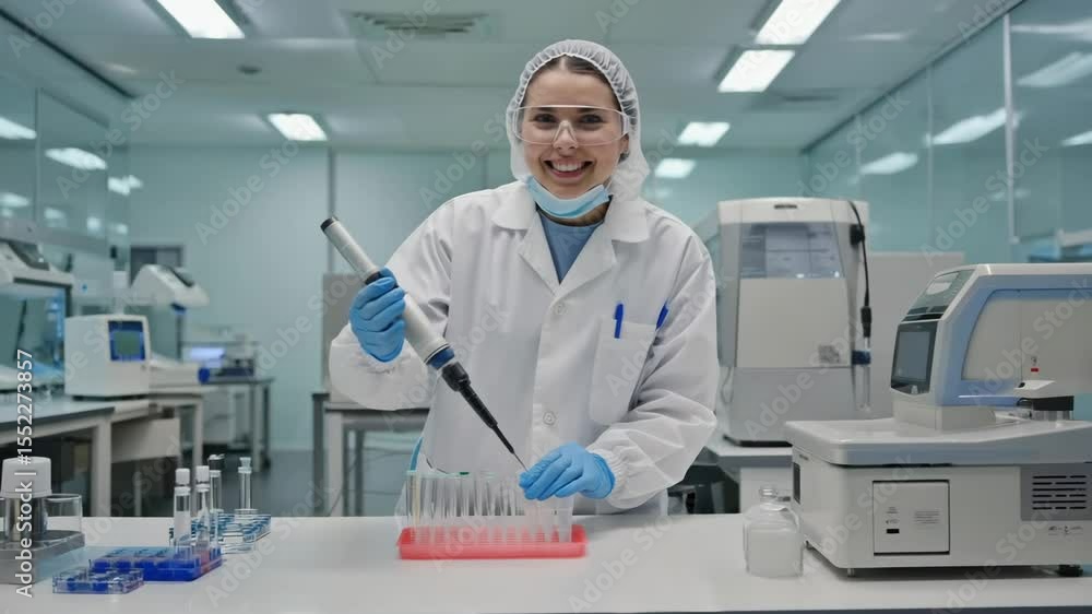 Poster an enthusiastic scientist works diligently in a modern, state-of-the-art laboratory setting, meticul