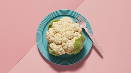 Fresh cauliflower on blue plate with fork over pink background
