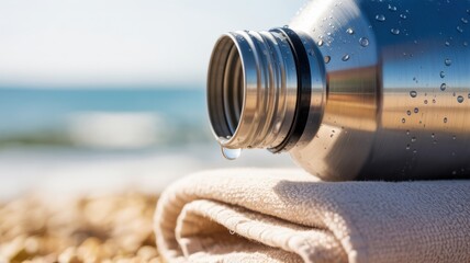 Stainless steel water bottle by ocean on sandy beach towel with bokeh background