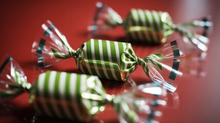 Striped green candy wrappers on red surface with glass reflection