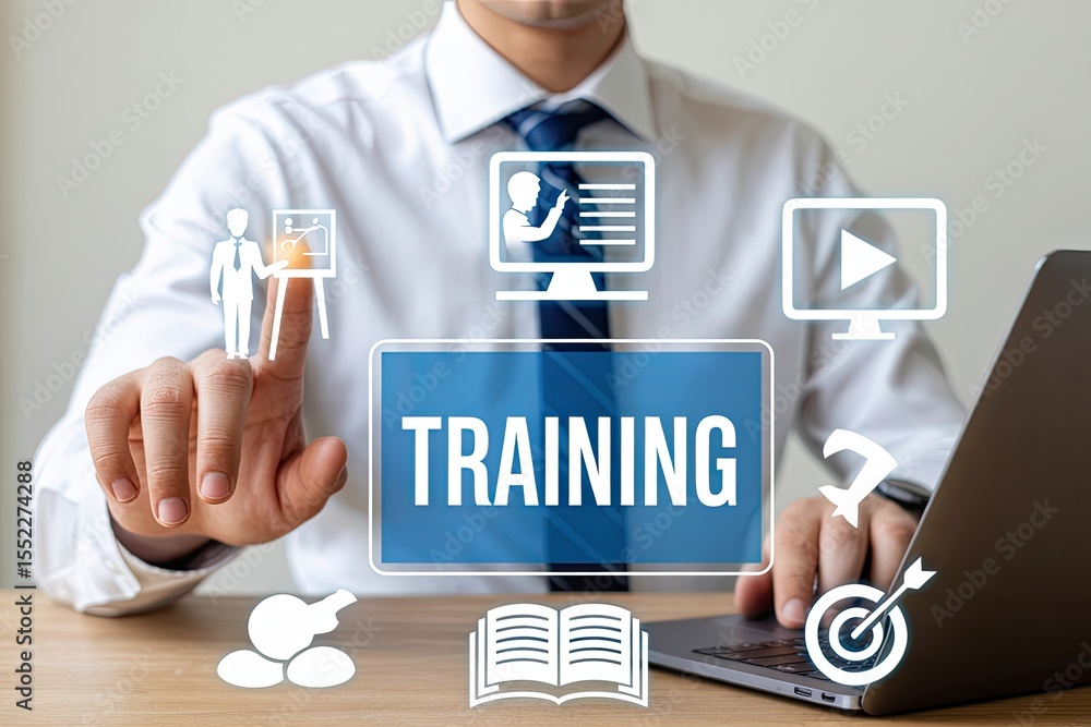 Poster businessman interacting with digital interface displaying training icons and the word training on a 