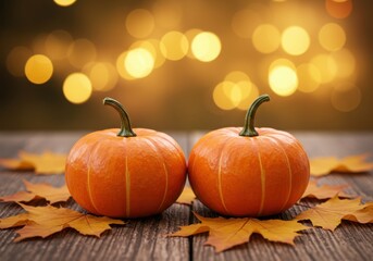Two vibrant orange pumpkins rest on a rustic wooden surface surrounded by fallen autumn leaves with a warm bokeh background