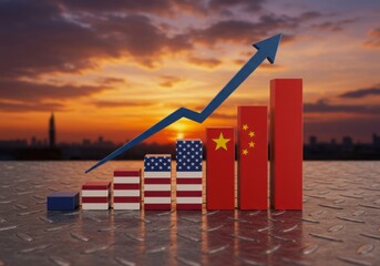 Visualizing the economic growth trajectory of the united states compared to china with an upward trending arrow against a sunset cityscape background