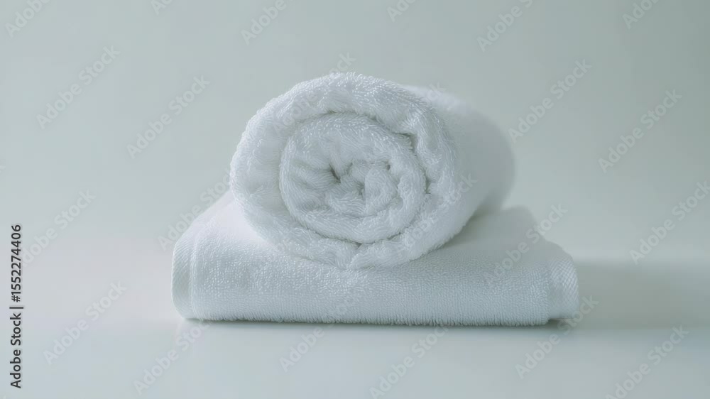 Poster a rolled up white towel sits on top of a table, ready for use