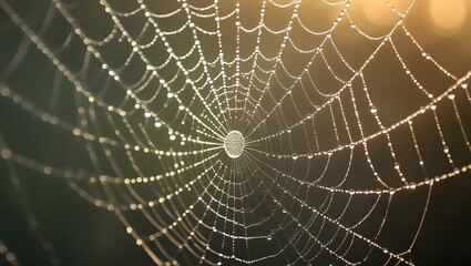 Obraz premium Spiderweb with Morning Dew: A captivating macro shot showcases a delicate spiderweb, adorned with glistening morning dew drops.