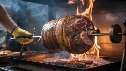 Fototapeta premium Juicy rotisserie pork roasting over open fire on a spit with flames