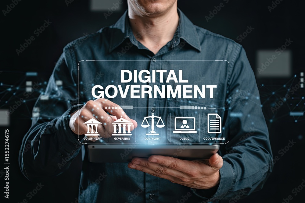 Poster man holding a tablet displaying digital government concepts including buildings scales of justice an