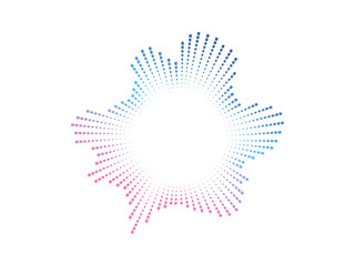 Circular audio color wave pattern created with black dots. The vector design represents sound neon waves and music visualization in a minimalist style.