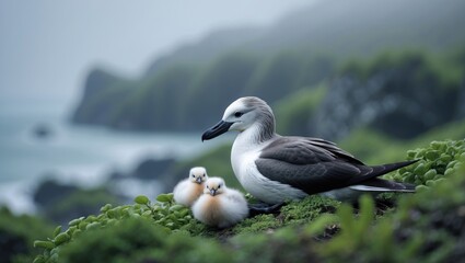 Obraz premium A Shag (Phalacrocorax aristotelis) with chicks, on Island, in the Islands