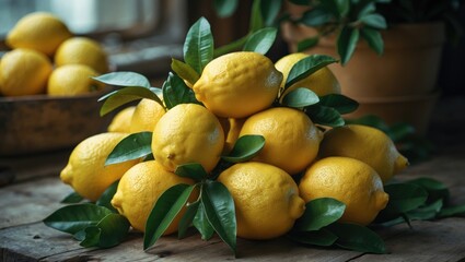A bunch of fresh yellow lemons displayed with green leaves on a rustic surface.