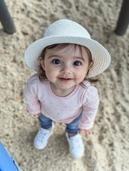 Little girl in white sunhat smiling on sandy playground surface