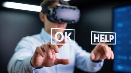 Young caucasian male interacting with virtual reality interface with ok and help options