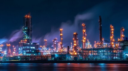 Fototapeta premium Night View Industrial Refinery Complex Illuminated Towers Modern Petrochemical Plant Manufacturing Industry Energy Production Steel Structures Bright Lights Nighttime Scene Refined