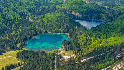 Drone aerial scenic summer landscape of the Fusine Lakes in the Julian Alps, Italy, Europe
