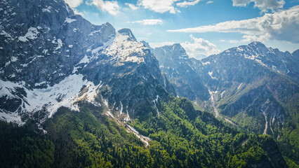 Drone aerial scenic summer landscape of the Julian Alps, Europe
