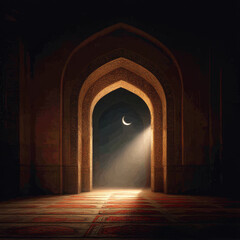 Naklejka premium Archway of mosque door with shining crescent moon light through it. Islamic religion, Ramadan kareem, or Eid Al Fitr background