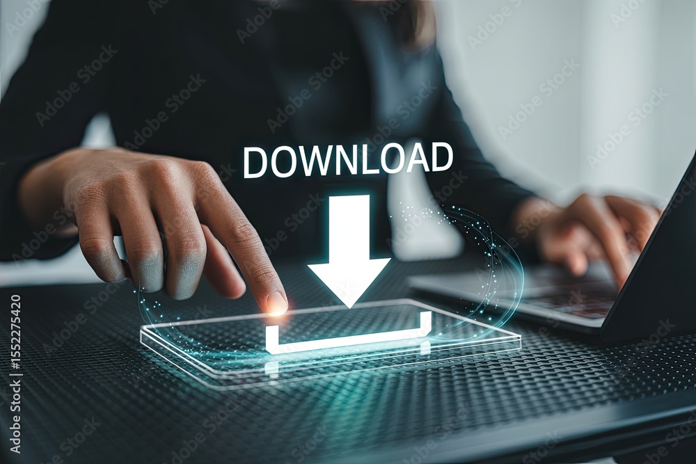 Poster person interacting with a futuristic holographic interface displaying a download icon and arrow on a