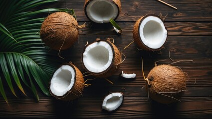 Tropical Exotic Coconut with Straw on Wooden Background, Top View, Copy Space, Empty Space for Text