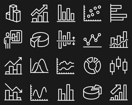 Simple vector line icon set with graph. Contains icons such as pie chart, graph, statistics, bar chart and more.