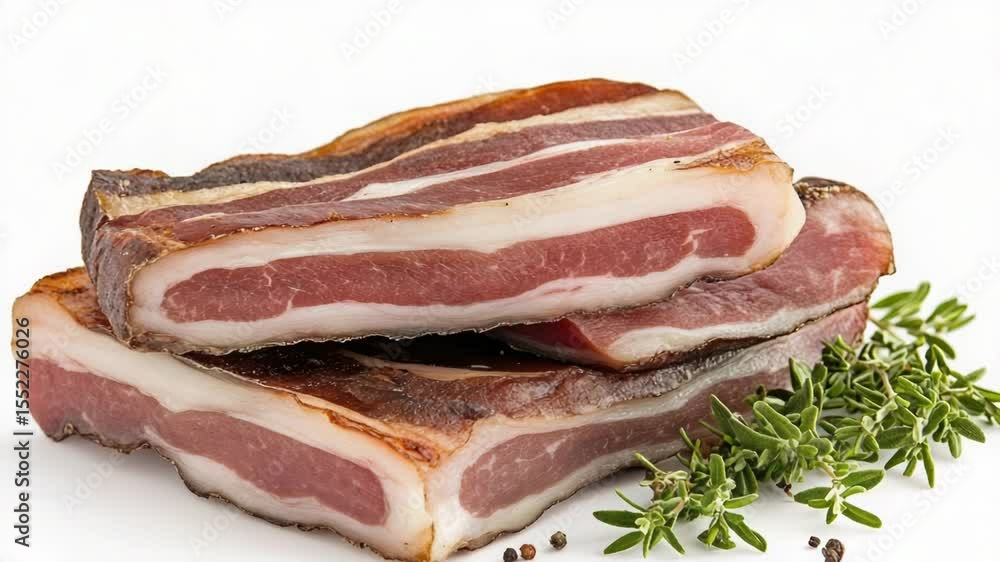 Poster freshly cooked bacon with a sprig of thyme, perfect for adding flavor to any dish