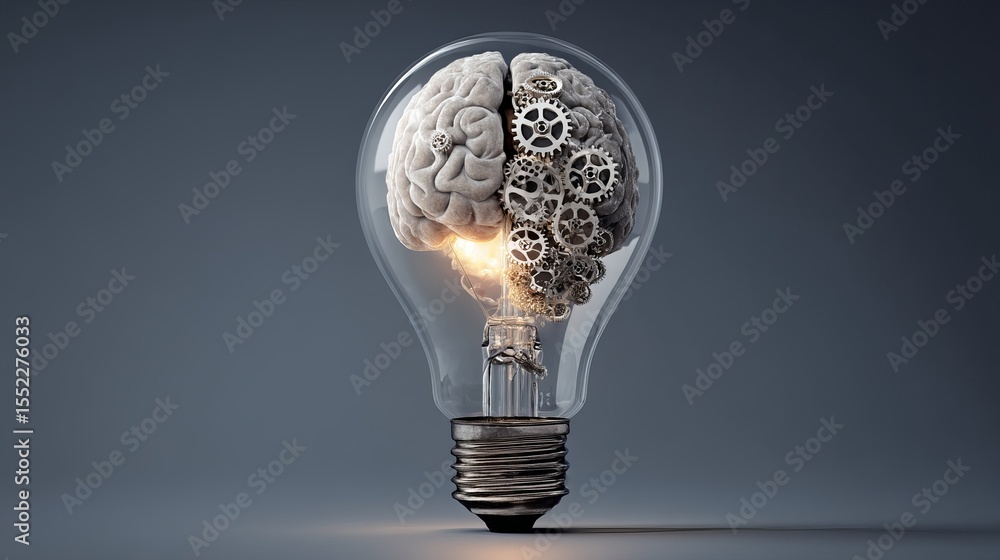 Poster innovative idea concept brain gears lightbulb 3d render illustration creative thinking process solut