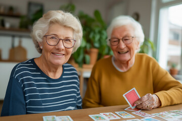 two elderly retired Caucasian women playing a game of cards at kitchen table, smiling and enjoying retirement