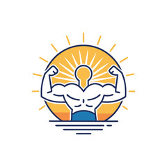 Monoline vector illustration of muscular gym icon flexing in front of rising sun. Fitness logo design for bodybuilding, workout, strength training, and health branding.