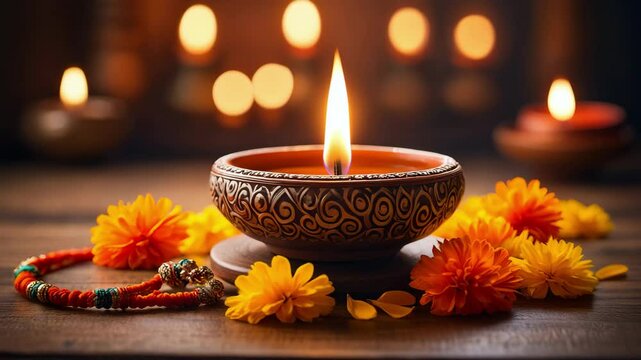 Ornate hand-carved terracotta diya with marigold blooms and rudraksha mala beads arranged for traditional Diwali puja ceremony ambiance in warm bokeh lighting