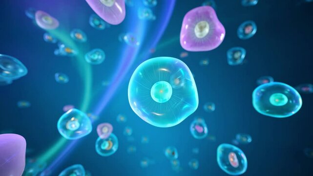 3D rendered scientific illustration of human cells in extracellular fluid for biomedical research, stem cell therapy, microscopic visualization