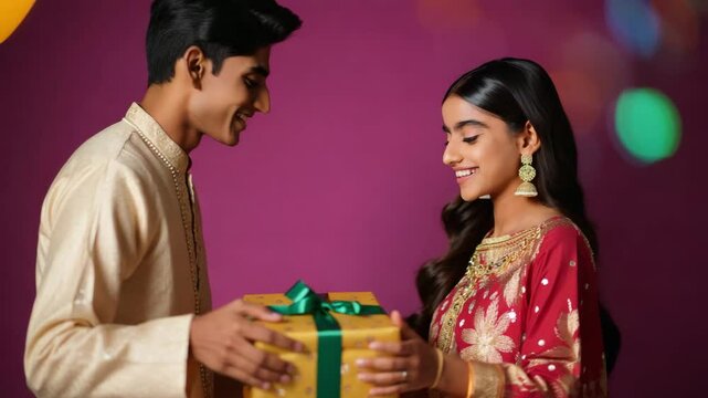 Brother presenting gift to sister for Raksha Bandhan ceremony